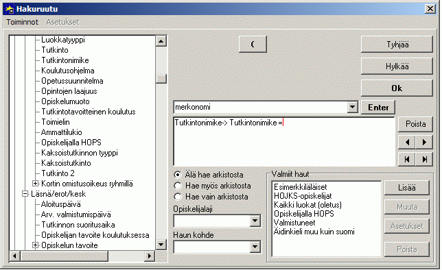 Luku 18 Hakutoiminnot Primuksen jokaisen rekisteri-ikkunan oikeassa alanurkassa on Hae-painike. Se avaa Hakuruudun, jossa valitaan mistä haetaan ja mitä.
