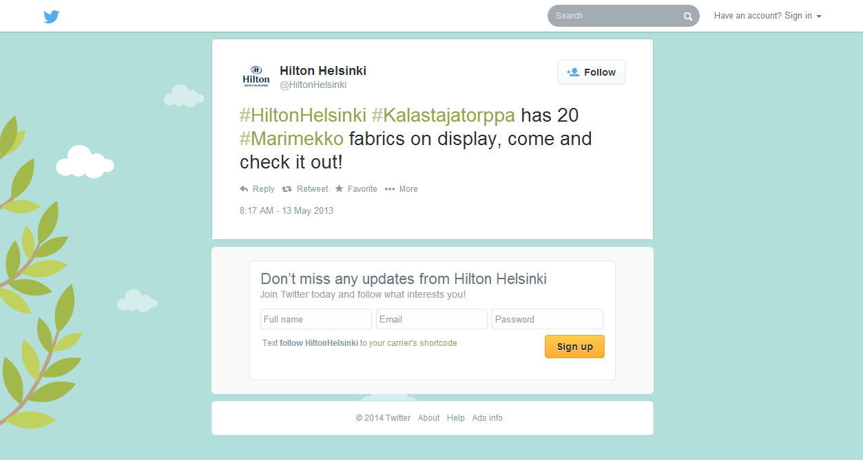 Kuvio 8. Hashtagien käyttö (Hilton Helsinki Twitter 2014.) Ylläoleva kuvio 8.