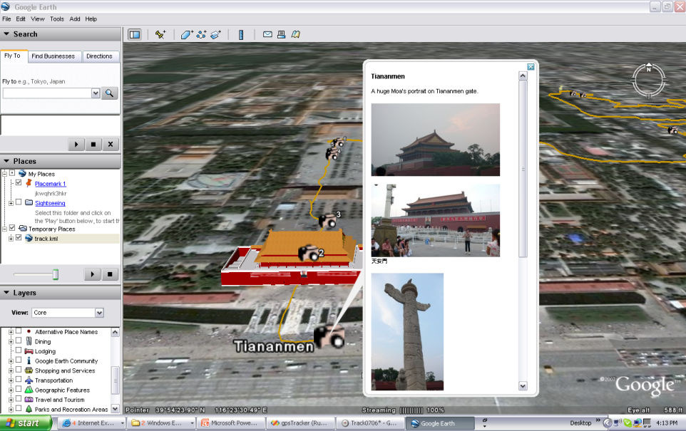 Google Earth -näkymät: Mikäli tietokoneeseen on asennettu Google Earth -karttaohjelma, voi kuvia ja matkatietoja liittää myös siihen.