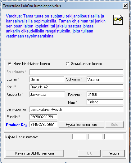 Lisenssinumeron saa automaattisesti sähköpostiin napsauttamalla Pyydä lisenssinumero - painiketta.