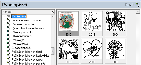 4. Aineistoikkuna Kirkkovuoden tunnuskuvat (painike Kuva-aineistot ) Kuva-aineistot -painikkeen napsauttaminen avaa kaksi kuvaketta ( Kuva ja Symbolikuva ): Tunnuskuvat on sijoitettu Kuva