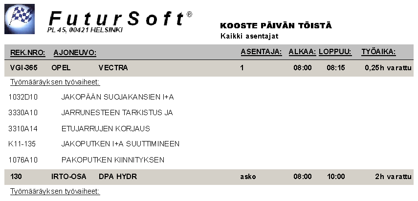 Oikeassa ylälaidassa näkyvät valitun päivän työmääräykset. Sen alla näkyy kohdalla olevan työmääräyksen työvaiheet.