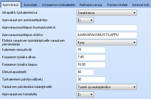 TYÖKALENTERIN ASETUKSET Työkalenterin asetukset säädetään kohdassa Korjaamoasetukset Ajanvaraus.