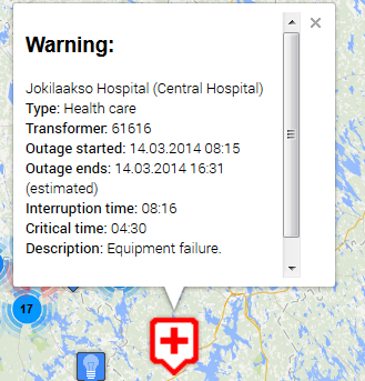 47 enemmän painikkeen näköinen. Karttapohjainen sähkökatkotieto on helposti hahmotettavissa, koska kartalla ei näy muuta kuin pisteet, joissa sähköä ei ole.