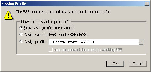 Värinhallinnasta Photoshop 6-9, tilanne 1, profiili puuttuu, missing profile a) vastaa tähän: Assign working RGB: Adobe RGB (1998) Paitsi silloin kun tiedät, että kyseinen tiedosto avataan juuri