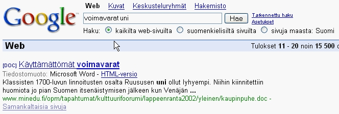 Esimerkki hakutulosten analysointiin liittyvästä ongelmasta Esimerkin opiskelija