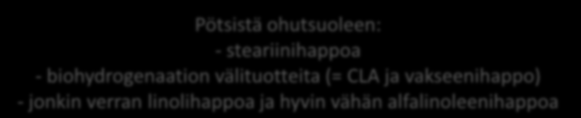 Märehtijän rasvametaboliatiivistelmä Heinäkasveissa ja apilassa rasvaa noin 3 5 % kuiva-aineesta - Rasvahapoista eniten alfalinoleenihappoa, sitten linolihappoa ja kolmanneksi eniten palmitiinihappoa