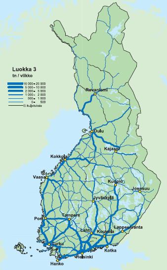 21 KUVA 3. Vaarallisten aineiden luokan 3 kuljetusmäärät Kainuussa vuonna 2002 (Häkkinen 2004). 3.4 Kuljetusonnettomuudet Vaarallisten aineiden onnettomuuksia tilastoidaan pelastustoimen resurssi- ja onnettomuustilastoon, PRONTOon.