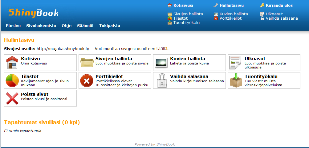 mennä itse omille sivuilleen Kotisivu-linkin kautta, joko yläpaneelista tai keskellä olevasta laatikosta (kuva 23). 40 Kuva 23. Shinybookin käyttöliittymä.