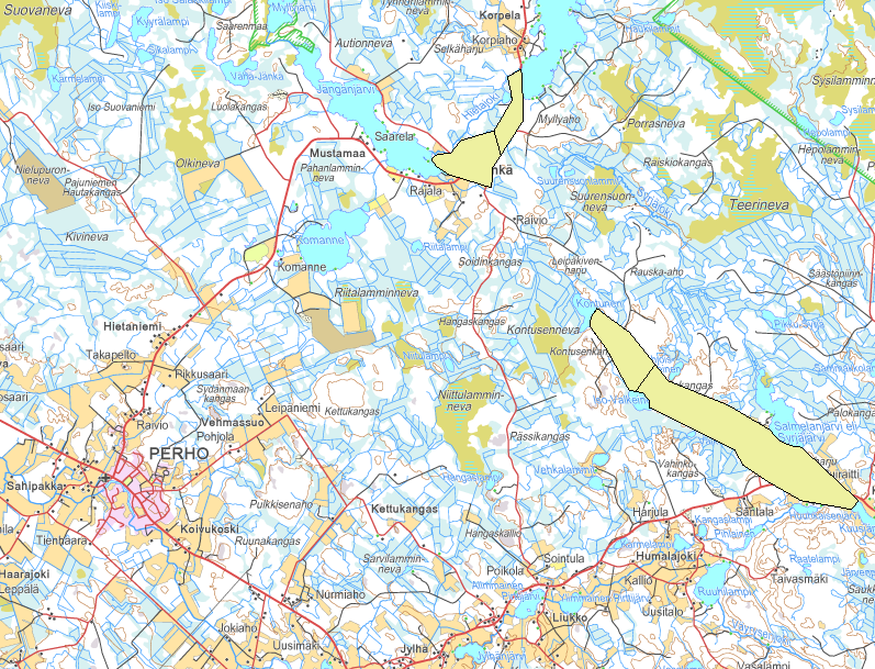 32 (38) Maastokartta, pohjavesialueet MML 2013 Kuva 12. Salmelanharjun ja Jängänharjun pohjavesialueet (vaalean vihreä, musta rajaus) sijaitsevat 4-4,5 km:n päässä Limakon alueesta.