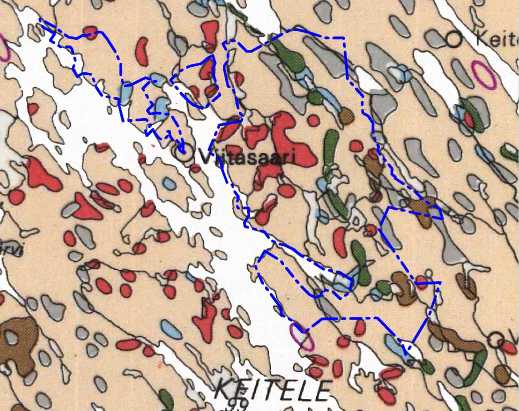 Alueen maaperä (karttaselite: punainen rasteri = kalliomaa, Vaalean ruskea rasteri = pohjamoreeni,