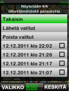 Palautteen voi luoda omaan GPS-sijaintiin (Luo palaute GPS valinta) tai ruudulla näkyvän punaisen kohdistimen paikkaan (Luo palaute kohdistin valinta).