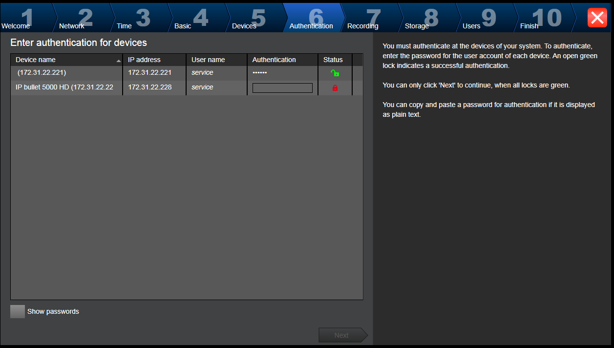 Bosch Video Management System Aloittaminen fi 73 Authentication -sivu Tällä sivulla todennetaan salasanalla suojatut videolaitteet.