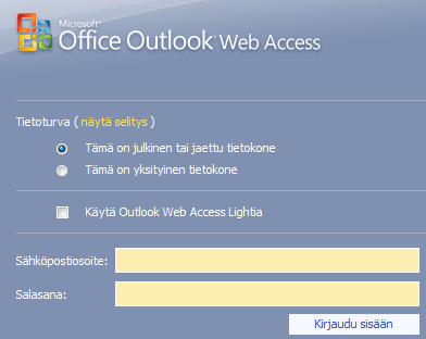 9.2 Kirjautumisruudun selitteet: Tämä on julkinen tai jaettu tietokone Valitse tämä asetus, jos käytät Outlook Web Accessia julkisessa tietokoneessa.