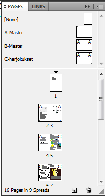 InDesign -ohjeita / Mixmur Media Designer MASTERPOHJAT PAGES -PALETTI WINDOW / PAGES tai oikealla puolella olevasta Pages-paletista.