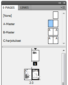 Jos jokin elementti toistuu jokaisella sivulla/aukeamalla, sen voi lisätä juuri tekemääsi A-masterpohjaan, esimerkiksi jokaisella sivulla toistuva väripalkki julkaisun ylälaidassa.