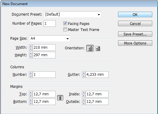 InDesign -ohjeita / Mixmur Media Designer Uusi taittopohja FILE / NEW DOCUMENT Sivumäärä Sivun koko / Paper Size Facing Pages = vastakkaiset sivuparit vierekkäin, aukeamittain Columns = palstamäärä