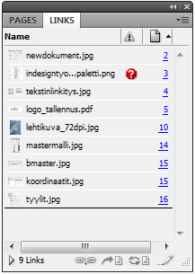 Kuvan sijoittaminen julkaisuun ja kuvan koko. Kohdasta: FILE / PALCE LOGO Taittoon tuotujen kuvien linkityksiä hallinnoidaan Links-paneelin avulla.