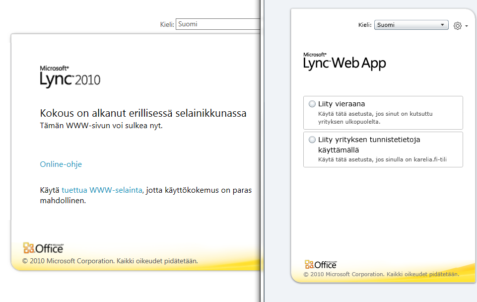 22 asennuksen voi tehdä ensimmäisen istunnon yhteydessä. Attendee voidaan asentaa ilman järjestelmänvalvojan oikeuksia. (Microsoft 2013e.) Lync-istuntoon kirjaudutaan URL-osoitteen kautta.