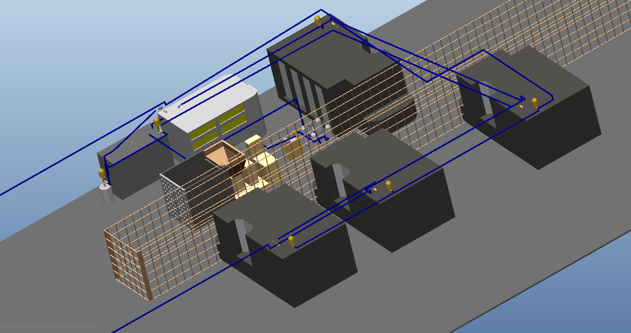 41 tään Creo Pro Engineering 3D suunnittelutyökalua. Kuviossa 32 näkyy missä laitteistot, putkistot ja pumput tulevat olemaan.