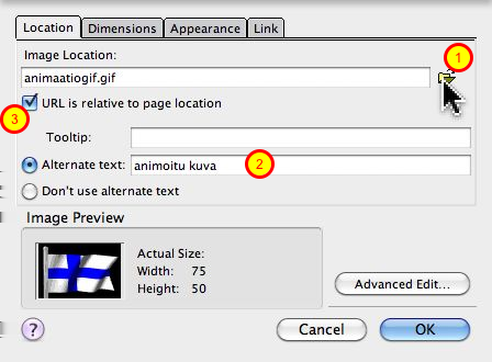 1. Avautuvassa ikkunassa kysytään kuvatiedoston sijaintia (klikkaa pikkukasiota ja hae tiedosto "animaatiogif.gif") 2. kirjoita myös kuvalle vaihtoehtotekstiä (kannattaa käyttää!) 3.