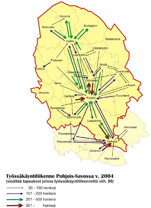 Työssäkäyntiliikenne Pohjois-Savossa v. 2004 8 1.3 Aluerakenne Kaupungistuminen on ollut vahva trendi viimeisten vuosikymmenten ajan Pohjois-Savossa.