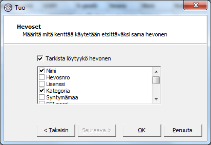 inteques Finland SeuraKIPA 16 posti, Henkilö > Seura id, TYHJÄ, Hevoset > Nimi, Hevoset > Kategoria. Kun kaikki sarakkeet on määritelty, valitse yläpalkista Tuo.