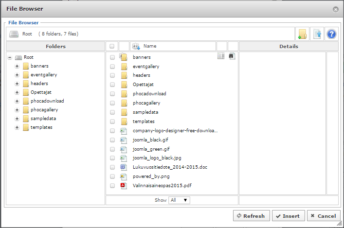 23 Kuva 16 Tiedoston valinta käyttäen JCE-editoria Joomlaan löytyy myös lisäosia joilla voi hallitta tiedostoja. Latasin Joomla Extension sivulta Phoca Download-lisäosan tiedostoja varten.