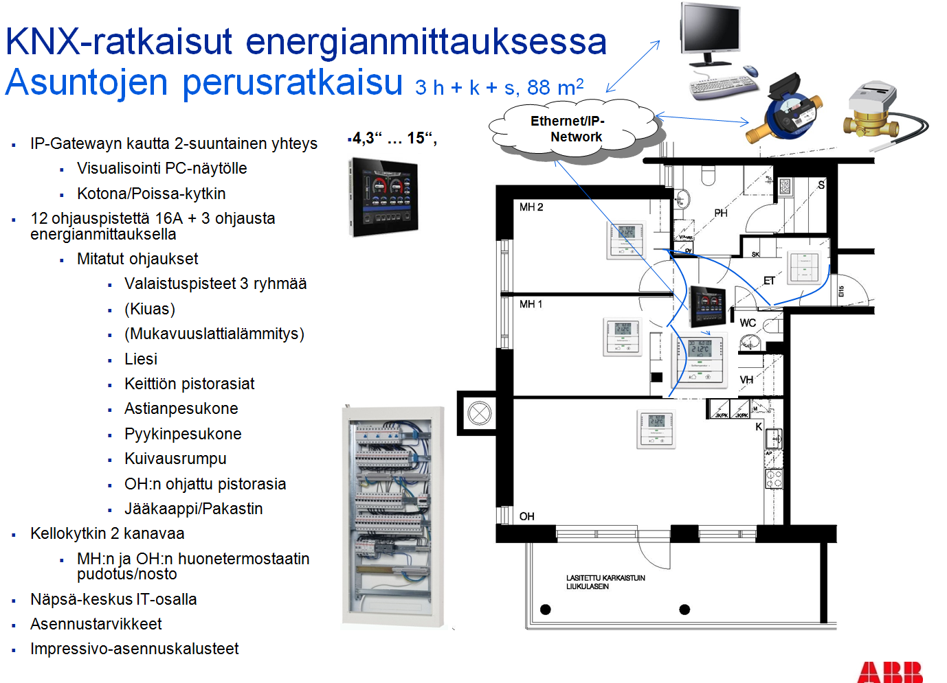 käyttää langattomasti toimivia tuotteita. Tilojen käyttötarkoituksen muuttuessa KNX on muunneltavuudeltaan omaa luokkaansa ja yleensä ainut tarvittava toimenpide on järjestelmän uudelleen ohjelmointi.