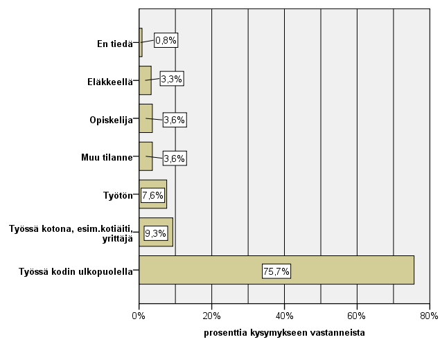 17 Yläkoulun oppilaiden (8. lk.) äideistä noin kolme neljäsosaa (74,7 %) työskenteli kodin ulkopuolella.