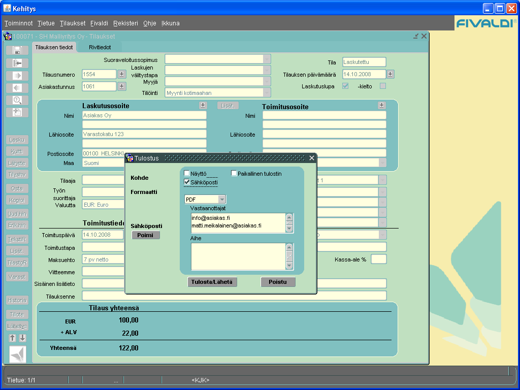 Laskun tai minkä tahansa muun asiakirjan lähetys suoraan sähköpostiin Tämä sama ohje pätee kaikkiin Fivaldi tilaustenkäsittelyn asiakirjoihin!