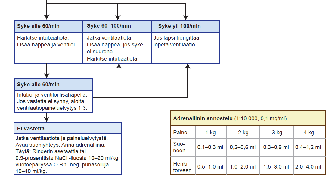 Lisähappea annetaan, jos onnistunut ventilaatio ei nosta sykettä yli 60/min tai