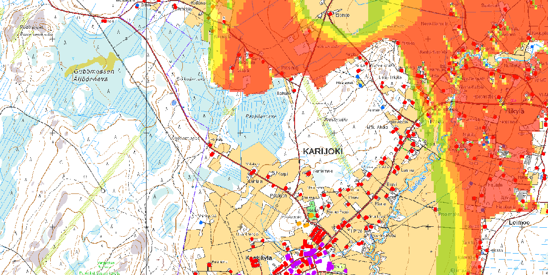 FCG SUUNNITTELU JA TEKNIIKKA OY Kaavaselostus 35 (59) Kuva 18 Näkymäanalyysi, Karijoenkirkkoympäristö onmerkitty kuvaan sinisellä rajauksella.