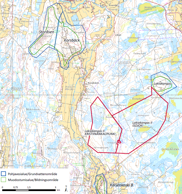 FCG SUUNNITTELU JA TEKNIIKKA OY Kaavaselostus 16 (90) Kuva 7 Kaavoitettavan alueen läheisyyteen sijoittuvat pohjavesialueet (OIVA 2011).