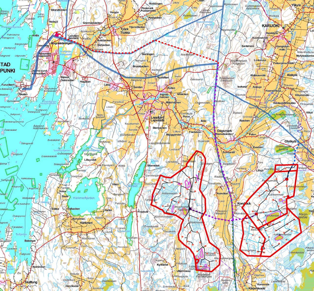 FCG SUUNNITTELU JA TEKNIIKKA OY Kaavaselostus 28 (90) 6.5 Sähkönsiirto kin kuljetetaan tuulivoimaloiden rakentamisessa tarvittavat rakennusmateriaalit ja pystytyskalusto.