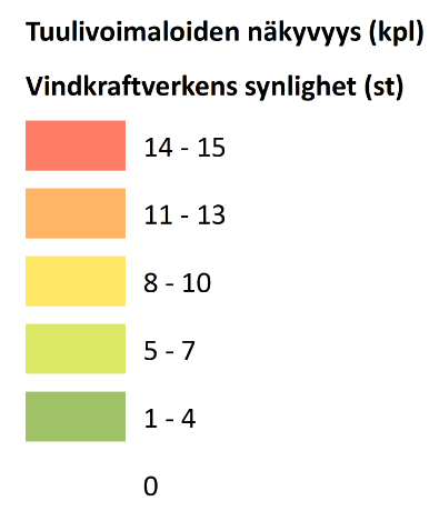 Näkymäanalyysi ei ole kuitenkaan ottanut huomioon pihapiirien pihapuustoa, joten voimalat näkyvät näiltä osin tavallisesti vain osittain.