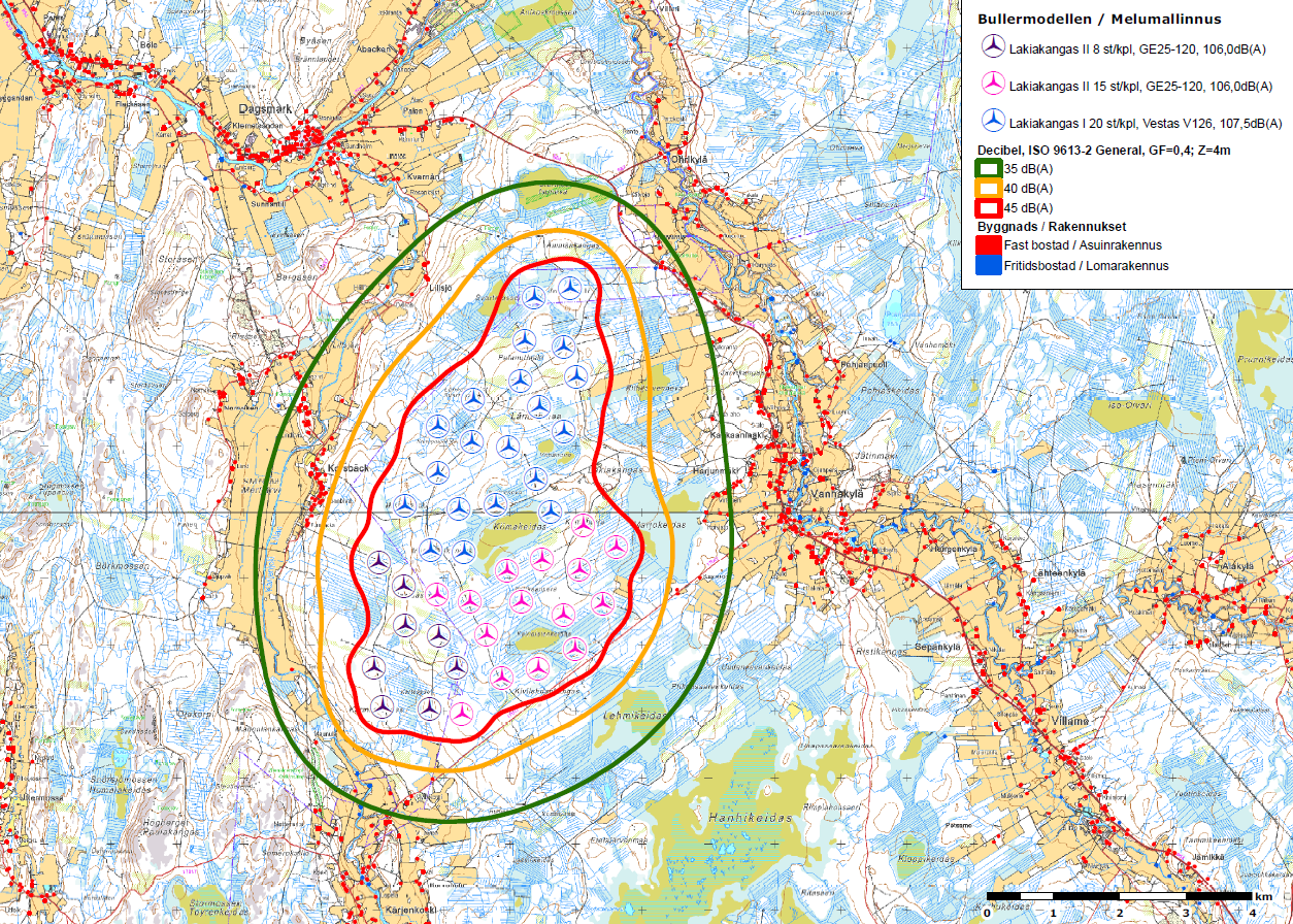 FCG SUUNNITTELU JA TEKNIIKKA OY Kaavaselostus 58 (90) 1) Yöohjearvoja ei sovelleta luonnonsuojelualueilla, joita ei yleisesti käytetä luonnon tarkkailuun tai oleskeluun yöaikaan Tuulivoimaloiden