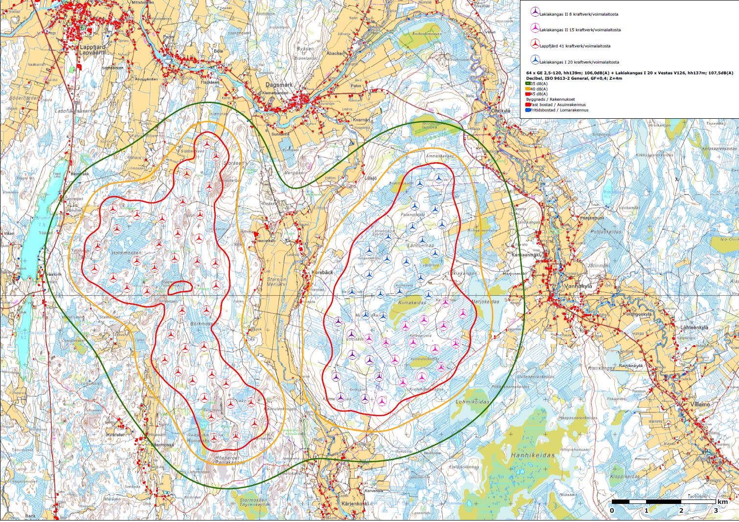 FCG SUUNNITTELU JA TEKNIIKKA OY Kaavaselostus 59 (90) Kuva 21 Ehdotusvaiheen melumallinnus, Lakiakangas + Lappfjärd Melumallinnusten tuloksia tarkasteltaessa on huomioitava, etteivät siinä esiintyvät