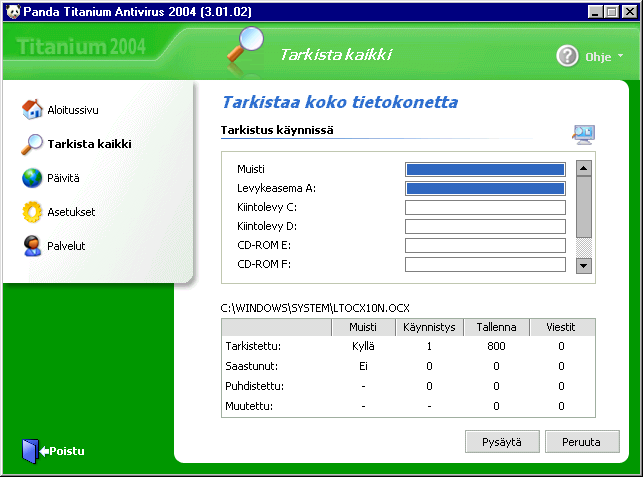 11 Kuva 3 Panda Titaniuna Antivurus 2004 virustorjuntaohjelman etusivu jossa on valikoita eri osa-alueisiin.