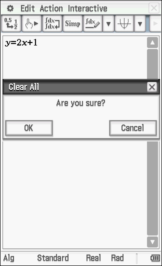 Syötä y=2x+1 Nosta kynä hetkeksi, Sulje koordinaatisto painamal- Valitse kosketuskynällä. vedä ja pudota lauseke. la X-näppäintä. Valitse Edit ja Clear All. Paina OK.