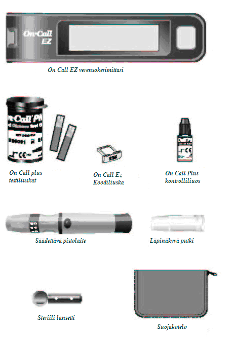 Valmistelu Lue käyttöohje huolellisesti ja tutustu On-Call EZ verensokerimittariin ja sen osiin tarkasti ennen mittausta. On-Call EZ tuotepakkauksia on saatavana sisällöltään erilaisia.