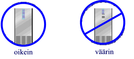 Tärkeää! Laita verinäytettä vain testiliuskan näytekärkeen. Älä laita verta tai kontrolliliuosta testiliuskan päähän (yläosaan), sillä se voi aiheuttaa epätarkan lukeman.
