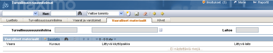 56 "Työtilaukseen on mahdollista liittää Turvallisuussuunnitelma, joka koostuu seuraavista tiedoista: Turvallisuussuunnitelma, Vaarat ja varotoimet, Vaaralliset materiaalit ja Kilvet.