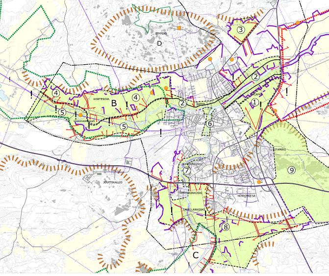 laakson mäkiset peltoaukeat, 5Nurmonjoen ranta-alue, 6. keskustan rantavyöhyke, 7. kosket, 8.Lapuanjoen laakson peltomaisema Tiistenjoen suuntaan ja 9. Ritamäen metsäalue.