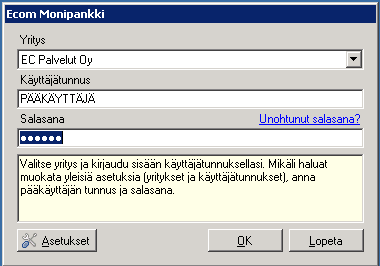 4.71 Viitemaksut Ecom Monipankkiohjelmalla, kirjautumisikkuna B Ecom Monipankkiohjelman sisäänkirjaantumisikkuna on alla