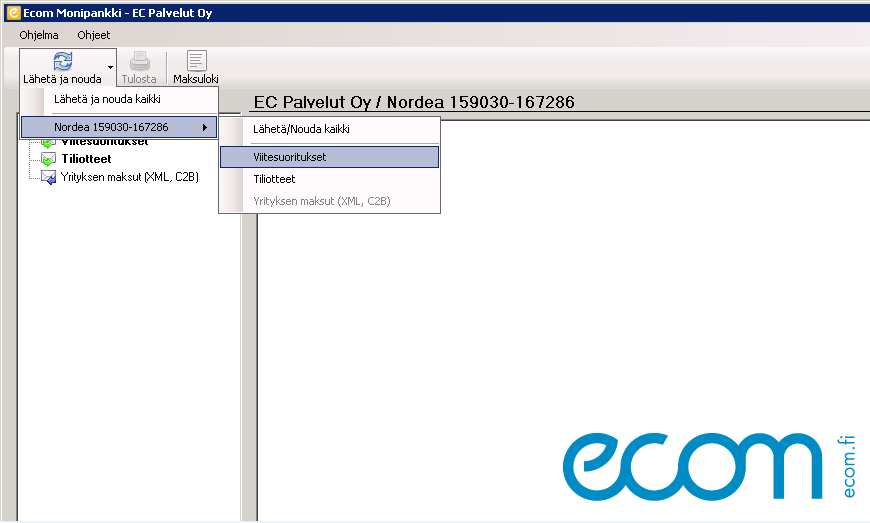 4.72 Viitemaksuajo Ecom Monipankkiohjelmalla Kun Ecom Monipankkiohjelma on avattu, valitaan lähetä ja nouda painike.