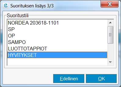 6.3 Hyvityksen suorittaminen alkuperäiseen laskuun B Hyvityslaskujen suorituksessa on muistettava tehdä suoritus alkuperäiseen laskuun ja hyvityslaskuun, jotta laskut tulevat kirjanpitoon oikealla