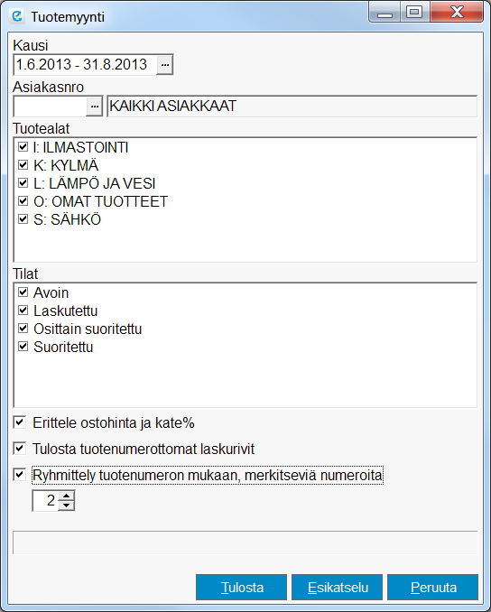 7.21 Tuotemyyntiraportti ulostettavaan raporttiin voi valita laskutuspäivämäärävälin lisäksi tulostettavat tuotealat. Raporttiin oi valita laskut tilojen mukaan.