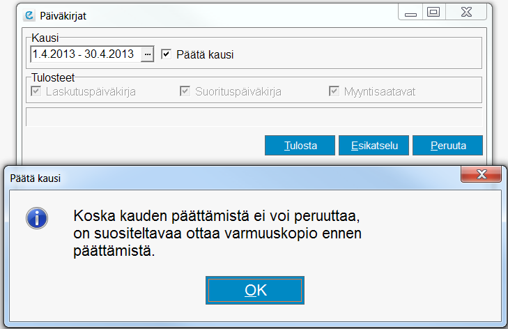 8.3 Varmuuskopio ennen kauden päättämistä un Päätä-kausi rastin asettaa päälle, ilmoittaa Ecom välittömästi, että varmuuskopiointi olisi yytä suorittaa ennen kyseistä toimenpidettä.