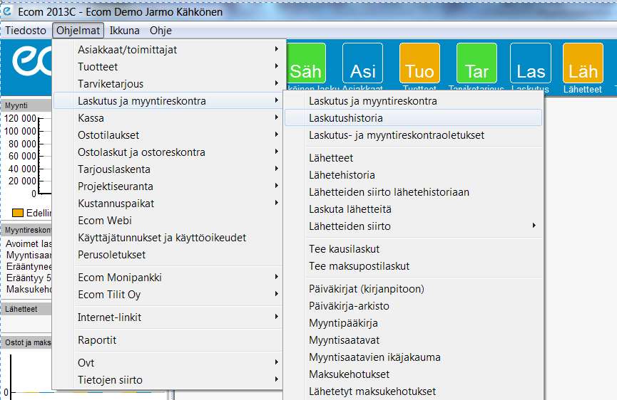 11. Laskutushistoria Kun Ecomin ohjelmasta ajaa päiväkirjat kirjanpitoon myyntilaskujen osalta, siirtyvät valitun kauden kokonaan suoritetut laskut laskutushistoriaan.